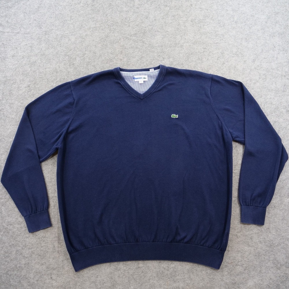 Lacoste Sweater Mens 3XL Blue V-Neck Long Sleeve Knit Crocodile Pullover